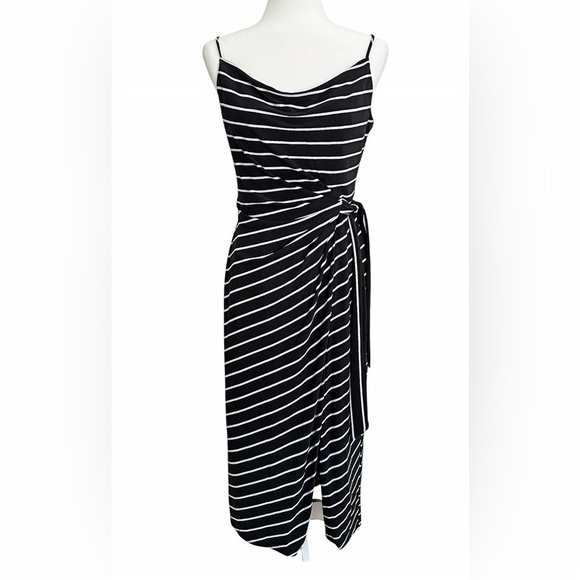 Lauren Ralph Lauren Black White Stripe Faux Wrap Midi Dress Sz 6 Spaghetti Strap - Picture 1 of 10